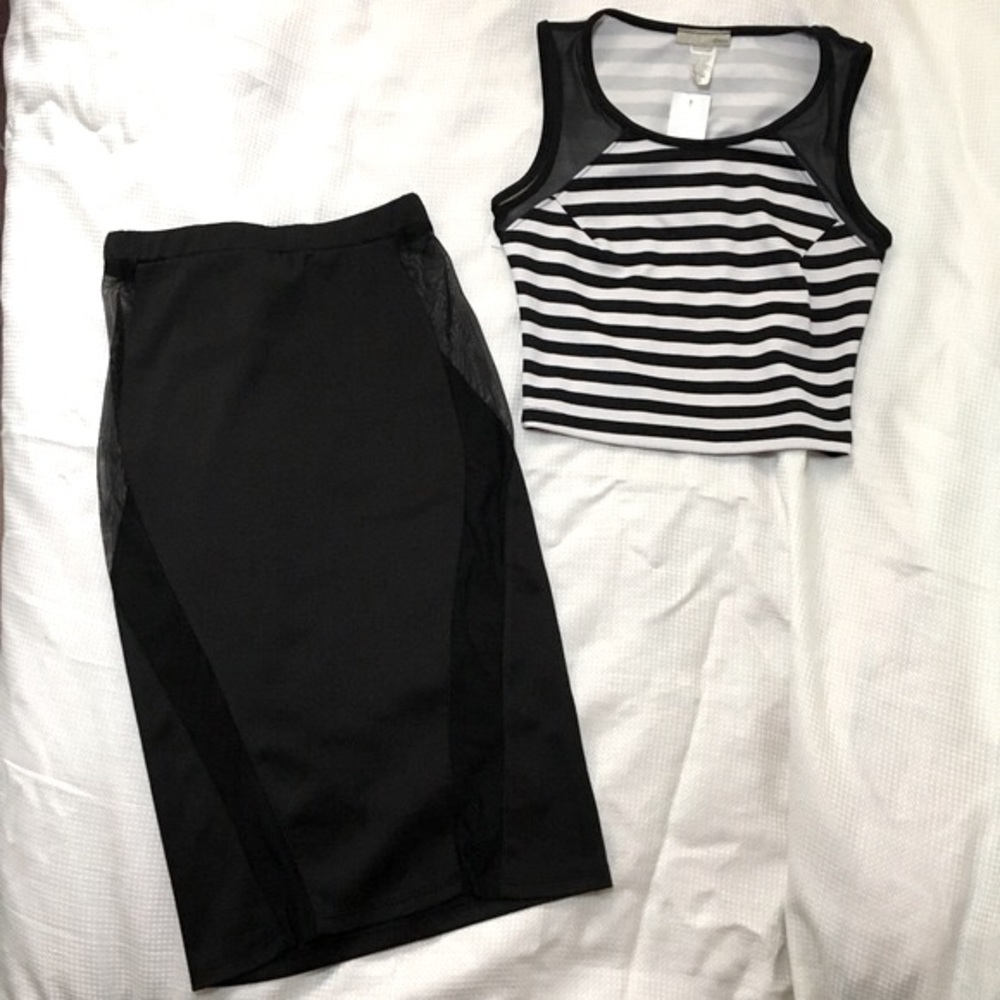 2 piece set - black and white striped crop top and midi skirt with mesh - small